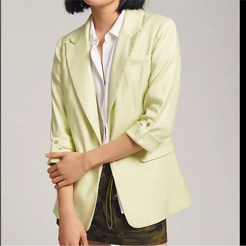 Anthropologie Maeve Linen Roll Sleeve Green Blazer 0